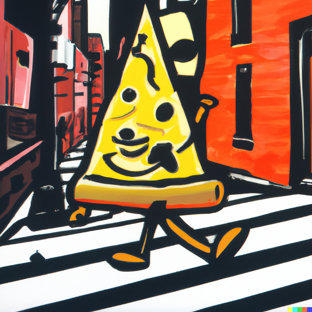painting-of-an-anthropomorphized-slice-of-new-york-cheese-pizza-walking-around-Brooklyn